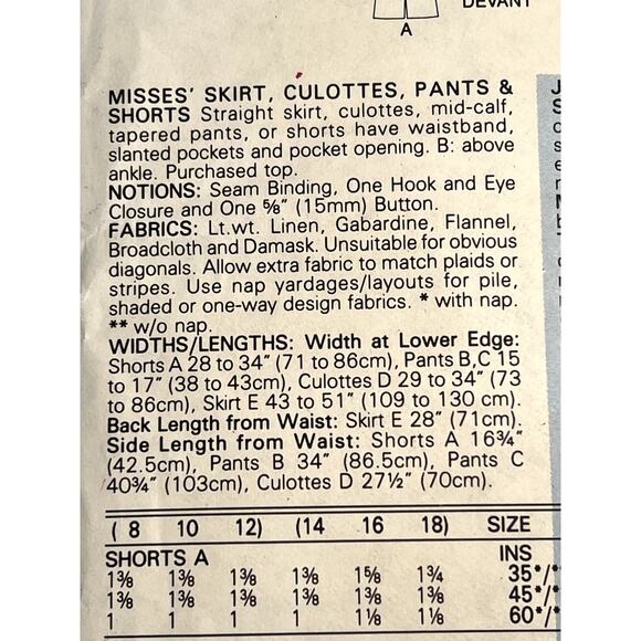 Butterick 3640 pattern skirt pants shorts culottes size 14 16 18 - Picture 5 of 9